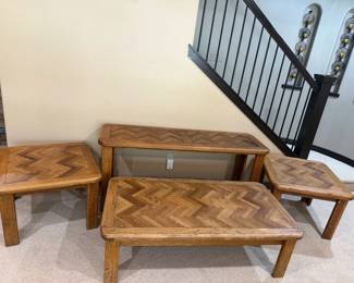 Oak Parquet Top Living Room Table Set Coffee, Sofa End Tables