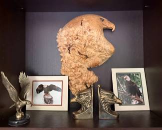 Bald Eagle Decor Collection with Burl Wood Wall Sculpture, Bookends Photographs