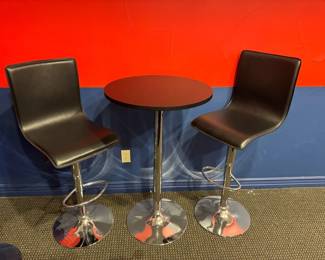 Modern Adjustable Pub Table Set with 4 Bar Stools, two round tables, Black Faux Leather Chrome