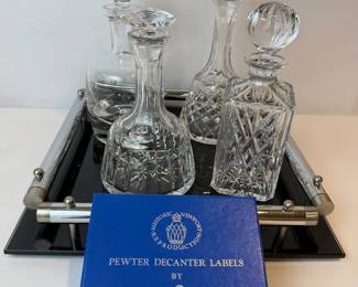 Crystal Decanter Collection with Bar Tray Stieff Pewter Decanter Labels