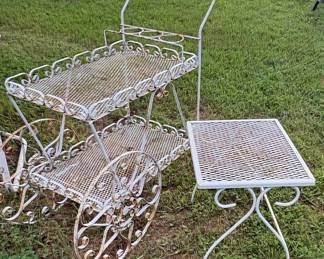 Vintage Wrought Iron Tea Cart and Side Table Set