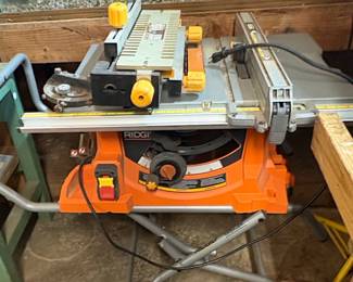 Assorted Power Tools including Ridgid Table Saw, Delta Bench Grinder, and Porter-Cable/Craftsman Routers