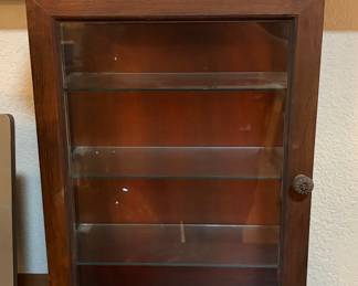 Vintage Wooden Display Cabinet with Carved Molding and Glass Door