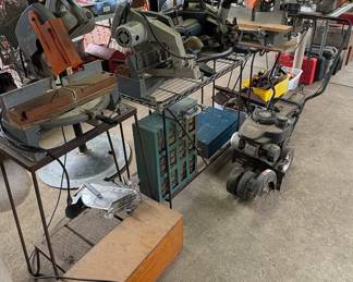 Assorted Power Tools and Hand Tools. Tool Boxes and Tool Stands.