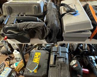 Assorted Power Tools including Ridgid Table Saw, Delta Bench Grinder, and Porter-Cable/Craftsman Routers