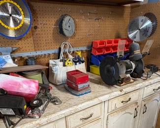 Assorted Power Tools including Ridgid Table Saw, Delta Bench Grinder, and Porter-Cable/Craftsman Routers