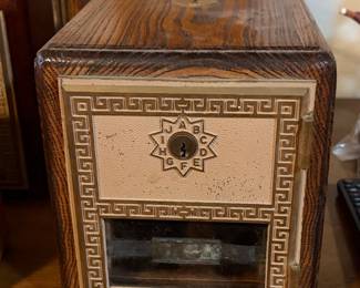 Antique Wooden Post Office Box Door Bank with Greek Key Border and Starburst Lock Plate