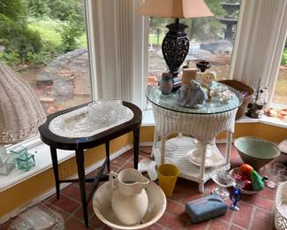 Table lamp, glass tables, pitcher and bowl set