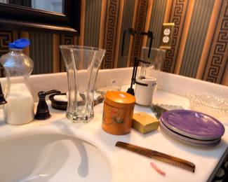 Glass vase and vintage vanity accessories