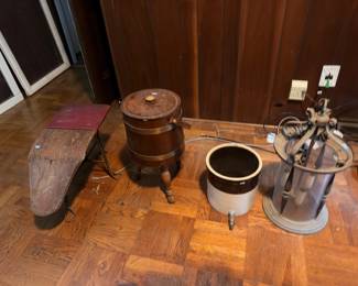 Antique butter churn, stoneware crock and clock