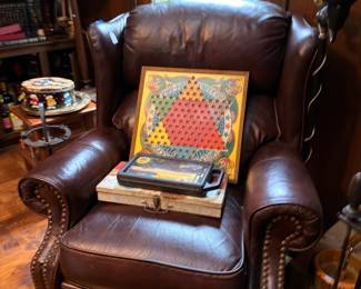 Leather recliner and vintage Chinese checkers board