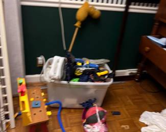 Vintage children's toys and wood workbench