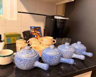 Blue spatterware pottery and stoneware mugs