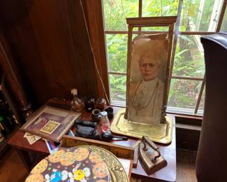 Antique framed portrait, flatiron and decor