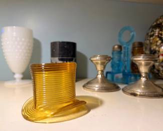 Amber glass top hat with milk glass and sterling candlesticks