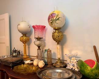 Antique hand-painted banquet lamps and silver pieces