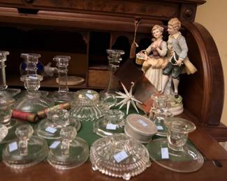 Porcelain figurine and cut crystal candlesticks