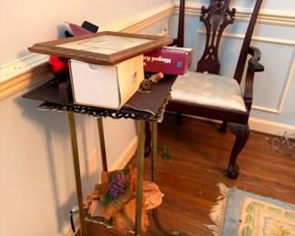 Antique brass music stand and Chippendale chair