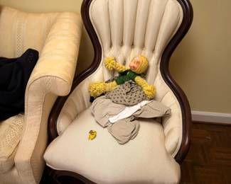 Victorian carved parlor chair, cream upholstery