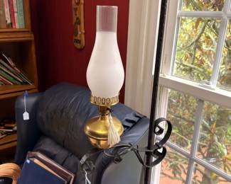 Brass oil lamp with milk glass chimney