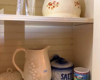 Stoneware salt crock, pitcher and glass cross