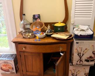 Antique wood washstand commode with towel bar
