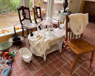Carved chairs, wicker table, cut glass