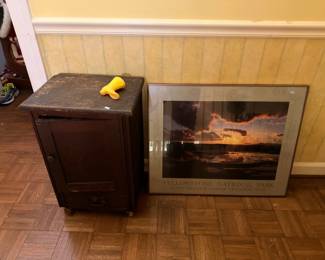 Antique commode cabinet and framed Yellowstone print