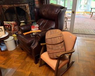 Leather wingback recliner and wood rocking chair