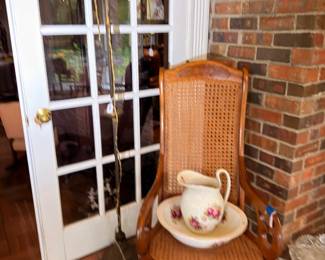 Cane-back rocking chair, pitcher and bowl set