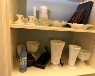 Milk glass vases and Wedgwood-style jasperware