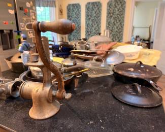 Antique cast iron coffee grinder and skillets