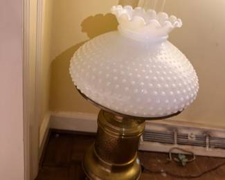 Milk glass hobnail hurricane lamp, brass base