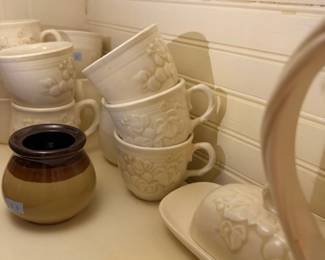 White ironstone grape pattern cups and platter