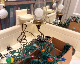 Hurricane oil lamps and Christmas lights