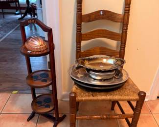Ladder-back rush chair, silver bowls and folding stand