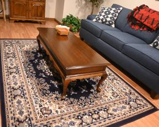Ethan Allen coffee table; 2 blue sofas