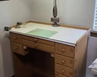03 Vintage Watchmakers Workbench Desk with Adjustable Task Lamp Ring sizingstretching tool,