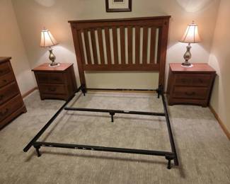 Queen Rustic Wood Bed Frame with Matching Nightstands Lamps