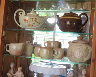 Longaberger baskets, teapots, Frankoma, milk glass cake stand