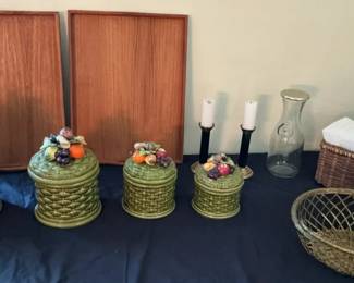 Set Of 4 Canisters, Brass Basket, More
