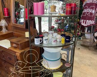 4 Tier Glass/Metal Corner Shelf #1,  Butter/Mayo Churn, Tupperware, Coffee Mugs