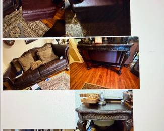 ASHLEY Carved Italian brown leather couches Haverty tables – recliners- china hutches