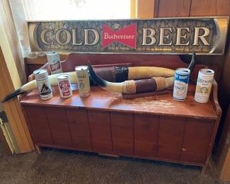 Bench, vintage Budweiser sign, horns