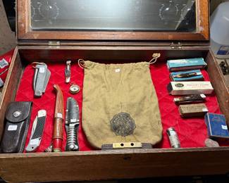 Vintage American Legion bag, old timer/case/schrade pocket knives and WWII knives.