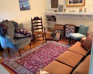 Vintage ladder back chair, parlor chairs, nicely framed and matted artwork, rug, picture frames and more.