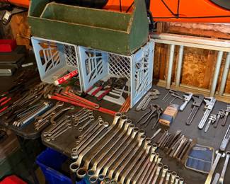 Vintage wooden toolbox,  craftman open/closed ended wrenches of every size and shape.