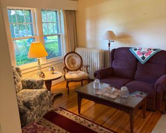 Marble top Pedestal table, table, top lamp, floor lamp, two seat recliner, coffee table, and bench.