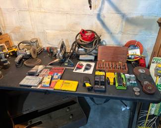 Vintage air compressor with all accessories, jigsaw, Electric Sanders, wood, carving kit and blades/accessories for all.
