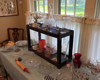 Glassware,  pearl handled knives and rolling pin